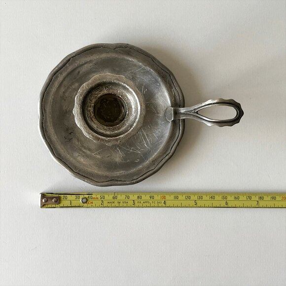 Vtg Pewter Chamberstick Candle Holder Scalloped Floral Rim Finger Handle Marked - Picture 2 of 5